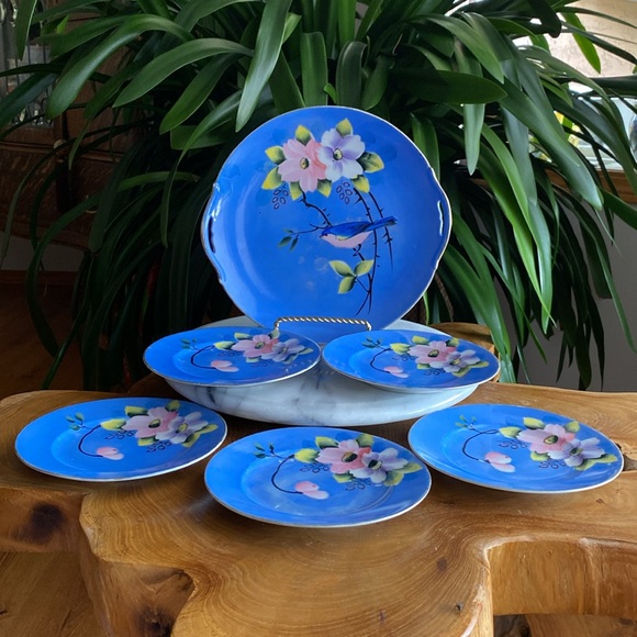 Vintage Hand Painted Bird + Floral Serving Cake Plate and 5 Dessert Plates Set - Picture 3 of 11